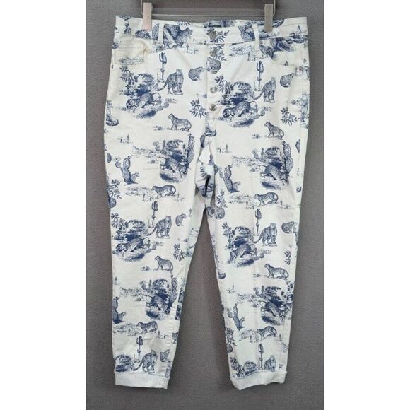 Wild Fable Skinny Jeans Button Fly Cat Tiger Cactus Blue White Stretch Womens 18 - Picture 1 of 12